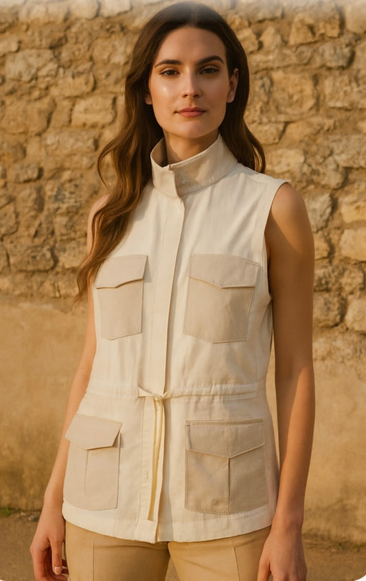 Veste sans manches poches, col cuir